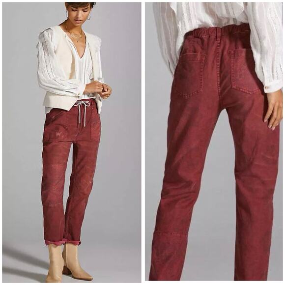 Anthropologie Burgundy High Rise Utility Patchwork Pants Casual Straight Leg L - Picture 2 of 14